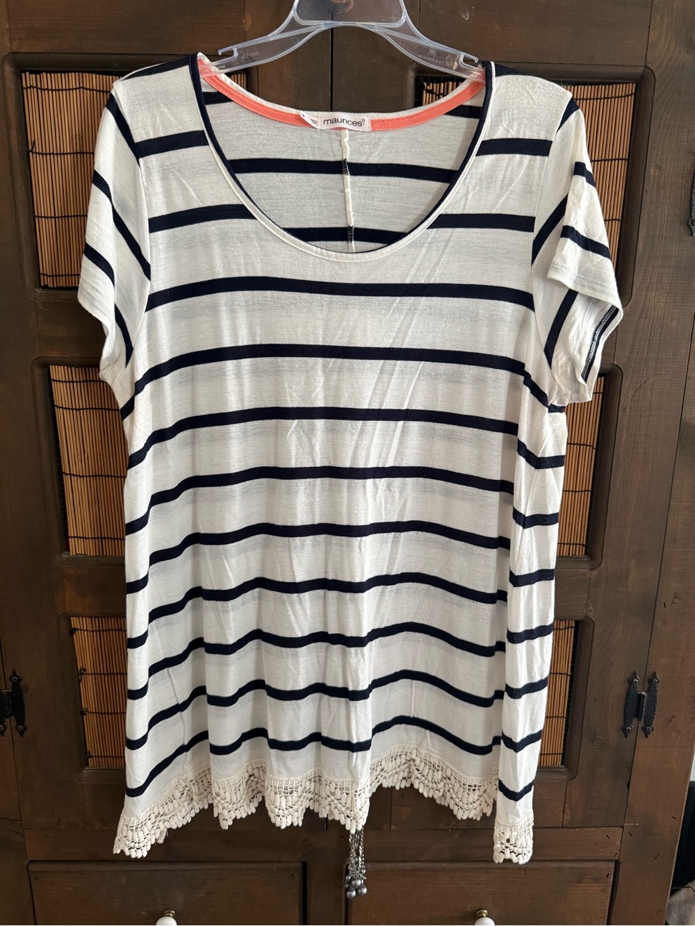 Maurices Navy and White Striped Crochet-Hem Tunic